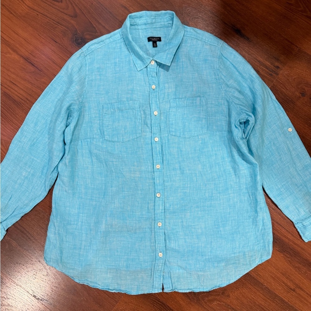 Talbots Sz 1Xp Beautiful Turquoise 100% Linen Chambray Blouse Shirt Top